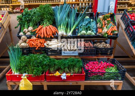 Frisches Gemüse – Karotten, Lauch, Kohlrabi, Petersilienwurzel und Radieschen – wird an einem Stand von „SerhanBey“ auf dem Bauernmarkt in Świnoujście (früher in deutscher Sprache Swinemünde genannt) angeboten. Osiedle Grunwaldzkie, Świnoujście, Woiwodschaft Westpommern, Polen. Stockfoto