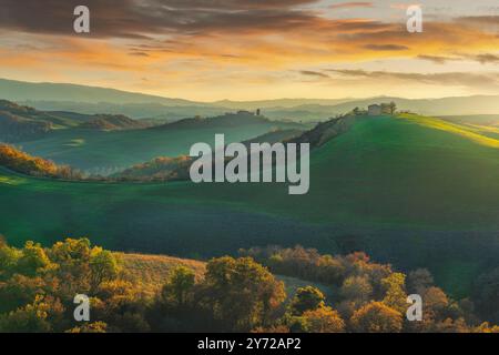 Herbstliche Landschaft auf Kreta Senesi, Asciano, Provinz Siena, Toskana. Italien, Europa. Stockfoto