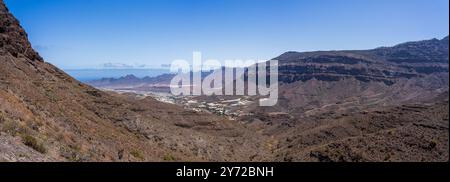 Berglandschaft. Panoramablick auf das Tal von Mirador (Aussichtspunkt) Degollada de Tasartico. Gran Canaria. Kanarische Inseln. Spanien. Stockfoto