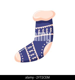 Weihnachtssocke in Blau mit Baumschmuck im Cartoon-Stil. Traditionelles dekoratives Element für das Design der Winterferien auf weißem Hintergrund. Stock Vektor