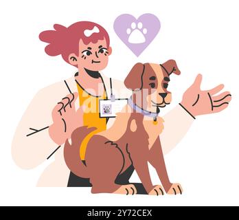 Tierarzt mit Hund. Tierärztin überprüft und behandelt einen Welpen. Idee der Tierpflege, tierärztliche Impfung, Diagnose. Illustration der Vektorabwicklung Stock Vektor