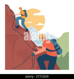 Bergsteigen. Bergsteiger mit Rucksäcken während des Naturabenteuers. Personen, die mit Spezialausrüstung an einer Felswand klettern. Illustration des flachen Vektors Stock Vektor