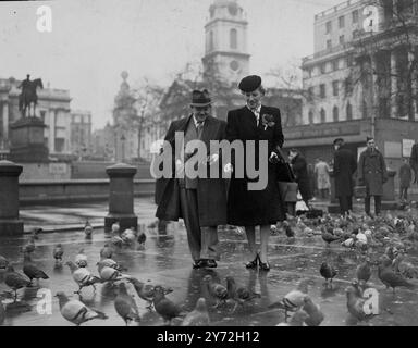 Gracie ist zurück. Gracie Fields ist nach viereinhalb Jahren wieder in London. Foto zeigt, dass Gracie Fields und ihr Manager Bert AZA die Tauben am Trafalgar Square füttern. 30. Januar 1946 Stockfoto