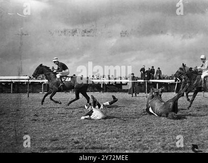 Der erste Tag der Steeplejasing im Sandown Park fand heute statt. Das Bild zeigt: J Gale Riding Palm Court fällt an einer der Hürden in der März Open und verkauft Handicap heute Nachmittag im Sandown Park. 21. März 1947. Stockfoto