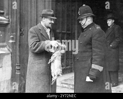 Kaninchenfänger im Unterhaus. Bob Rogers, Kaninchenfänger, von Wolborough Barton Farm in der Nähe von Newton Abbot, Devon, hatte heute (Donnerstag) ein ausgezeichnetes Publikum, als er in einem Committee Room des House of Commons die Ergebnisse seiner 14-jährigen Erfahrung als humaner Fallexperte der RSPCA demonstrierte. Seine Demonstration, zu der ein halbes Dutzend verschiedene Arten von Fallen und Schlingen gehörten, die zum Töten von Kaninchen verwendet wurden, wurde von Abgeordneten aller Parteien beobachtet, die Hunderte von Briefen erhalten haben, die gegen die Bestimmung im Landwirtschaftsgesetz protestierten, die die Verwendung der alten Stahl-Gin-Fallen erlaubte, was oft der Fall war Stockfoto