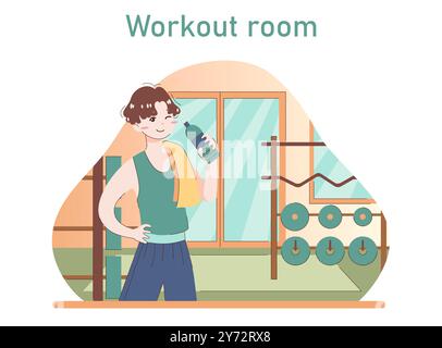 Mann Training Gym. Aktiver und sportlicher männlicher Charakter Trinkwasser nach einem Workout. Gesunder Lebensstil. Fitnessgeräte. Illustration des flachen Vektors Stock Vektor