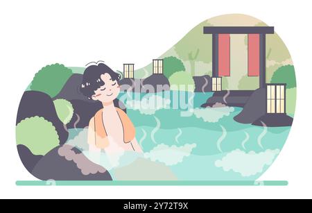 Die tägliche Routine eines asiatischen Mannes. Entspannender Charakter in traditionellen heißen Quellen. Mann mit einem Handtuch, der in heißem Wasser sitzt. Onsen Spa Resort. Illustration des flachen Vektors Stock Vektor