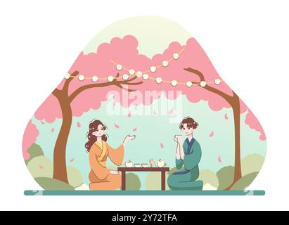 Asiatische Menschen genießen ihre Freizeit. Japanisches Paar genießt Hanami. Die Charaktere verbringen draußen unter blühenden Sakura-Bäumen Zeit zusammen. Familien-Picknick. Illustration des flachen Vektors Stock Vektor