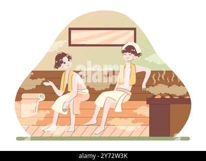 Asiatische Menschen genießen ihre Freizeit. Japanische männliche Freunde in Handtüchern entspannen in der Sauna. Gäste können sich im Dampfhaus entspannen und sich im Spa oder Wellnesscenter entspannen. Illustration des flachen Vektors Stock Vektor