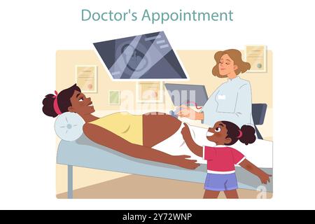 Familie erwartet ein zweites Kind. Schwarze Frau, die mit einem zweiten Baby schwanger ist. Schritte zur Vorbereitung eines untergeordneten Elements auf ein neues gleichgeordnetes Element. Mom und Tochter beim Arzttermin. Illustration des flachen Vektors Stock Vektor