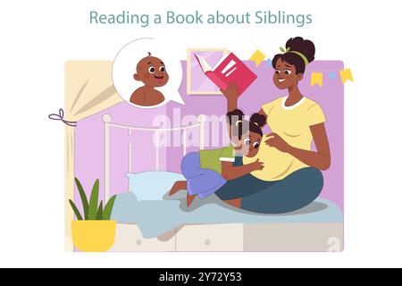 Familie erwartet ein zweites Kind. Schwarze Frau, die mit einem zweiten Baby schwanger ist. Mutter und Tochter lesen ein Buch über Geschwister, um ein Kind auf ein neues Kind vorzubereiten. Illustration des flachen Vektors Stock Vektor