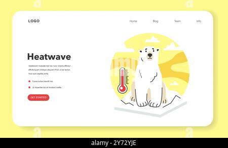 Web-Banner oder Landing-Page zur globalen Erwärmung. Eisbär auf schmelzendem Eis. Eisbergschmelze. Klimawandel und Gefahr für die Ökologie. Anstieg der Planetentemperatur aufgrund von CO2-Emissionen. Illustration des flachen Vektors Stock Vektor