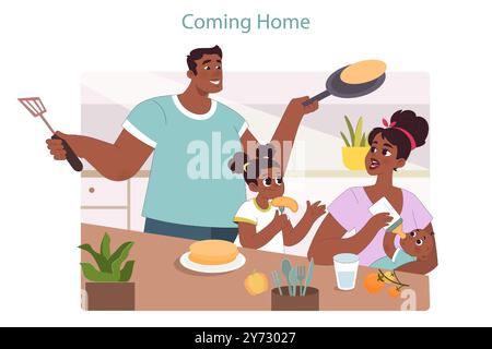 Die Familie frühstückt. Glückliche Eltern und Kinder essen zusammen Pfannkuchen. Vater, Mutter, Tochter und Baby am Küchentisch. Illustration des flachen Vektors Stock Vektor