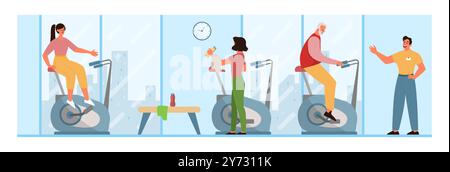 Leute, die im Fitnessstudio trainieren. Innenausstattung des Fitnessklubs mit Sportgeräten. Frauen und Männer trainieren, Hanteln heben, tanzen und Yoga machen. Gesunde Lebensweise Routine. Illustration des flachen Vektors Stock Vektor