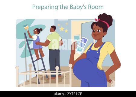 Familie erwartet ein zweites Kind. Schwarze Frau, die mit einem zweiten Baby schwanger ist. Mom, Dad und Tochter bereiten ein neues Zimmer vor, malen zusammen eine Wand. Illustration des flachen Vektors Stock Vektor
