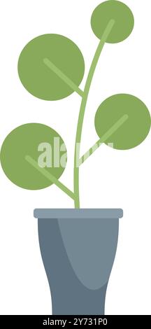 Minimalistische Vektor-Illustration, die eine kleine Pilea peperomioides Pflanze zeigt, die in einem Topf wächst, isoliert auf weißem Hintergrund Stock Vektor