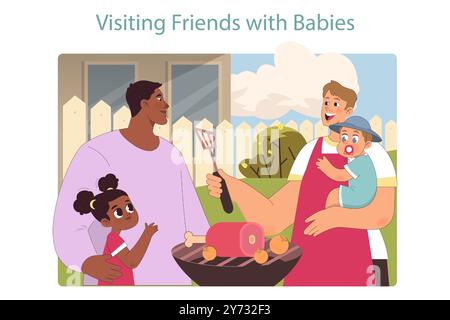 Familie erwartet ein zweites Kind. Schwarze Frau, die mit einem zweiten Baby schwanger ist. Schritte zur Vorbereitung eines untergeordneten Elements auf ein neues gleichgeordnetes Element. Vater und Tochter besuchen Freunde mit einem Baby. Illustration des flachen Vektors Stock Vektor