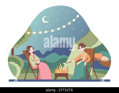 Asiatische Menschen genießen ihre Freizeit durch Freizeitaktivitäten und Hobbys. Japanische Charaktere in traditioneller Kleidung sitzen am Lagerfeuer. Glamping oder Picknick im Freien. Illustration des flachen Vektors Stock Vektor