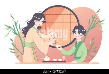 Die tägliche Routine eines asiatischen Mannes. Japanische Familie trinkt Tee am Kotatsu-Tisch. Traditionelle Teezeremonie. Illustration des flachen Vektors Stock Vektor