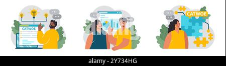 CATWOE-Technikset. Moderner Ansatz, um die verschiedenen Perspektiven einer geschäftlichen Herausforderung zu verstehen. Mnemonische Checkliste zur Problemerkennung und -Lösung. Illustration des flachen Vektors Stock Vektor