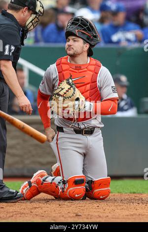 Kansas City, MO, USA. September 2024. Patrick Bailey (14), der in einem Spiel gegen die Kansas City Royals im Kauffman Stadium in Kansas City, MO, eingefangen wurde. David Smith/CSM/Alamy Live News Stockfoto