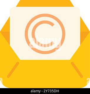 Gelber geöffneter Umschlag mit Dokument mit Urheberrechtssymbol, das den Schutz geistigen Eigentums darstellt Stock Vektor