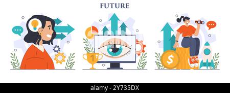 Zukunftskonzepte. Charakter auf der Suche nach zukünftigen Chancen, Entscheidungen, neuen Ideen. Leute, die in den Tommorow schauen. Ausblick, Prognose oder Visionär. Illustration des flachen Vektors Stock Vektor