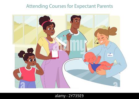 Familie erwartet ein zweites Kind. Schwarze Frau, die mit einem zweiten Baby schwanger ist. Mom, Dad und Tochter besuchen zusammen den Schwangerschaftskurs. Mutterschaftstraining für zukünftige Eltern. Illustration des flachen Vektors Stock Vektor