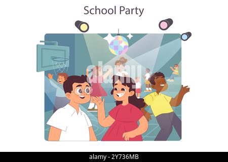Grundschulparty. Feiern Sie Ball oder tanzen Sie im Schulsport-Fitnessstudio. Glückliche Schüler in formeller Kleidung, die Spaß mit Klassenkameraden haben, zusammen tanzen. Illustration des flachen Vektors Stock Vektor