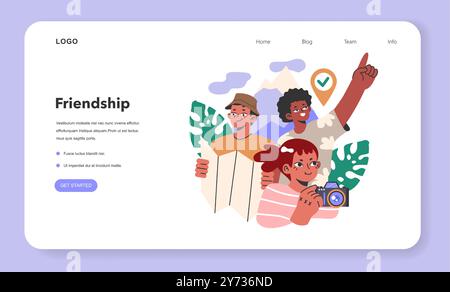 Webbanner oder Landing-Page für Gruppenwanderungen oder Urlaube. Charaktere erkunden die Natur. Freunde, die gemeinsam im Urlaub unterwegs sind. Sommerabenteuer in den Wäldern und Bergen. Illustration des flachen Vektors Stock Vektor