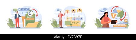 CATWOE-Technikset. Moderner Ansatz, um die verschiedenen Perspektiven einer geschäftlichen Herausforderung zu verstehen. Mnemonische Checkliste zur Problemerkennung und -Lösung. Illustration des flachen Vektors Stock Vektor