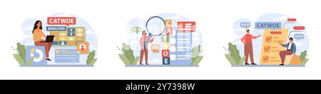 CATWOE-Technikset. Moderner Ansatz, um die verschiedenen Perspektiven einer geschäftlichen Herausforderung zu verstehen. Mnemonische Checkliste zur Problemerkennung und -Lösung. Illustration des flachen Vektors Stock Vektor