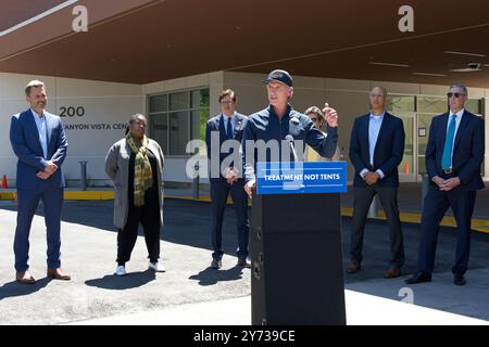 Redwood City, KALIFORNIEN - 14. Mai 2024: Gouverneur Gavin Newsom spricht bei einer Pressekonferenz über die Aktualisierung der Bemühungen der staaten zur Transformation des mentalen Gesundheitssystems. Stockfoto