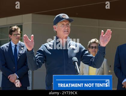 Redwood City, KALIFORNIEN - 14. Mai 2024: Gouverneur Gavin Newsom spricht bei einer Pressekonferenz über die Aktualisierung der Bemühungen der staaten zur Transformation des mentalen Gesundheitssystems. Stockfoto