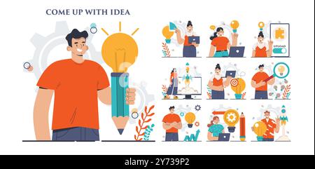 Entwickeln Sie ein Ideenkonzept. Kreative Innovation oder Generierung von Geschäftslösungen. Inspiration und Fantasie im Brainstorming. Glühbirne als Metapher. Illustration des flachen Vektors Stock Vektor