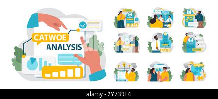 CATWOE-Technikset. Moderner Ansatz, um die verschiedenen Perspektiven einer geschäftlichen Herausforderung zu verstehen. Mnemonische Checkliste zur Problemerkennung und -Lösung. Illustration des flachen Vektors Stock Vektor
