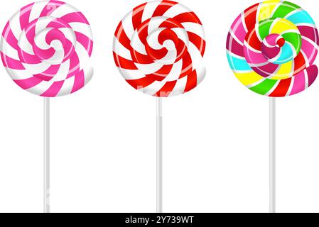 Set von realistisch gestreiften bunten Lutscher auf weißen Sticks isoliert auf weißem Hintergrund. Vektorgrafik. Stock Vektor