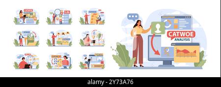 CATWOE-Technikset. Moderner Ansatz, um die verschiedenen Perspektiven einer geschäftlichen Herausforderung zu verstehen. Mnemonische Checkliste zur Problemerkennung und -Lösung. Illustration des flachen Vektors Stock Vektor
