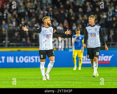 Ulm, Deutschland. September 2024. Johannes Reichert (SSV Ulm 1846 #5), GER, SSV Ulm 1846 vs. Eintracht Braunschweig, Fussball, 2. Bundesliga, Spieltag 7, Saison 2024/2025, 27.09.2024, DFB-Vorschriften verbieten jede Verwendung von Fotografien als Bildsequenzen und/oder Quasi-Video. Foto: EIBNER/Florian Schust Credit: dpa/Alamy Live News Stockfoto