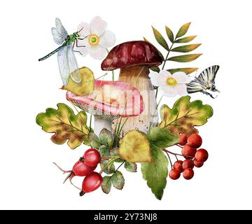Herbstzusammensetzung von rosa Russula Pilz, Hagebutte, roten Beeren, Birkenblättern und Libelle. Aquarellabbildung auf weißem Hintergrund. Es kann in Typografie oder Textilien gedruckt werden. Einrichtung, Dekoration Stockfoto