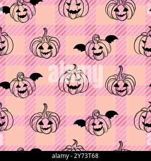 Halloween-Kürbisse auf nahtloser Muster-Struktur mit Schottenkaro-Karomuster. Moderner rosafarbener und schwarzer Strichgitterhintergrund. Niedliche Farben für Textil mit Karomuster Stock Vektor