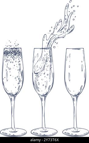 Gläser leer mit Champagner und Spritzern. Grafische Abbildung, handgezeichnet mit schwarzer Tinte. Satz isolierter Objekte EPS-Vektor. Stock Vektor
