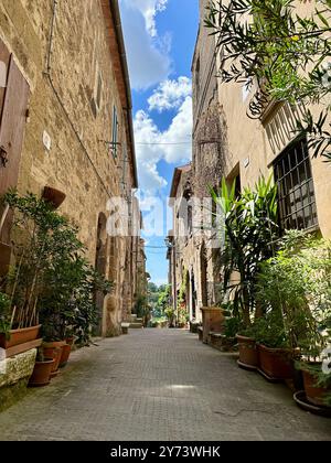 Das Foto zeigt eine mittelalterliche Steinstadt-Landschaft und zeigt architektonische Details im Sommer. Stockfoto