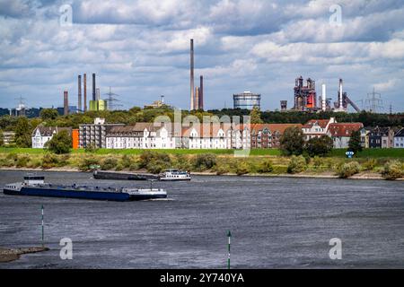 Frachtschiff auf dem Rhein bei Duisburg-Laar, Häuser an der Deichstrasse, Industriekulisse des ThyssenKrupp Steel Stahlwerk in Bruckhausen, NRW, Deutschland, Industriekulisse DU *** Frachtschiff auf dem Rhein bei Duisburg-Laar, Häuser an der Deichstraße, industrielle Kulisse des Stahlwerks ThyssenKrupp in Bruckhausen, NRW, Deutschland, industrielle Kulisse DU Stockfoto