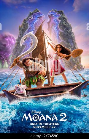 Moana 2 (2024) von David G. Derrick Jr. mit Auli'i Cravalho, Dwayne Johnson und Alan Tudyk. Nachdem sie einen unerwarteten Anruf von ihren Vorfahren erhalten hat, reist Moana in die fernen Meere Ozeaniens und in gefährliche, lange verlorene Gewässer für ein Abenteuer, das ihr nie begegnet ist. US Advance Poster ***NUR FÜR REDAKTIONELLE ZWECKE***. Quelle: BFA / Walt Disney Studios Stockfoto