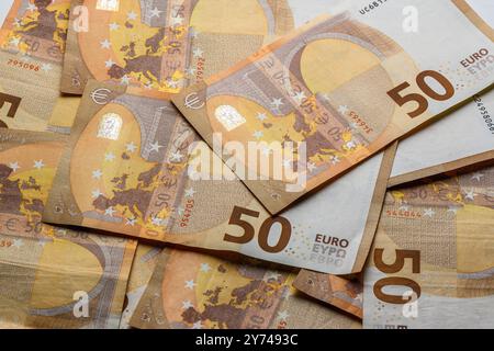 50 Euro Banknoten, Hintergrund und Struktur der Rechnungen Stockfoto
