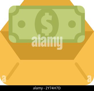 Öffnen Sie den gelben Umschlag, der eine einzelne grüne Dollarrechnung enthält, und schlagen Sie Konzepte wie Gehalt, Ersparnisse, Geschenke, Boni und Transaktionen vor Stock Vektor