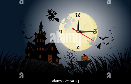 Der Mond hat Uhrzeiger, um die Zeit anzuzeigen. Schweben Sie an Halloween über ein dunkles und furchterregendes Schloss. Geisterfreigabebacht, eine fröhliche Zeit für Geister. Stockfoto