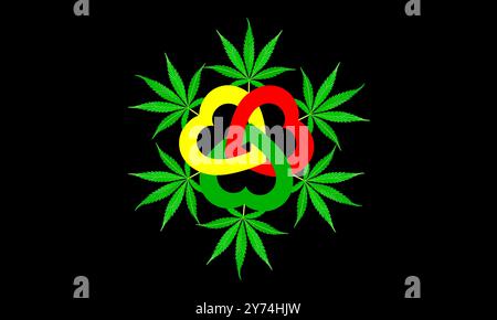 Kräutermedizin Kräuterpflanze. Grünes Cannabisblatt. Vektor-Illustration von Marihuana auf einem grünen, gelben, roten Hintergrund. Stockfoto