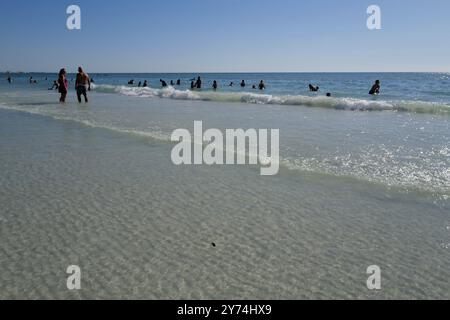 Genießen Sie die lebhafte Atmosphäre und die unberührten Strände von Siesta Beach, dem ultimativen Strandziel in Sarasota, Florida. Stockfoto